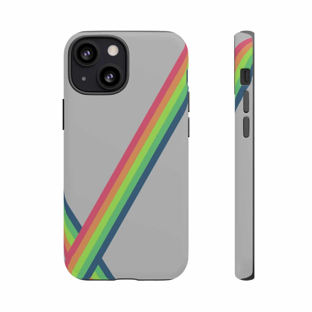 Gray phone case with smooth matte finish featuring vibrant diagonal rainbow stripes across the back panel