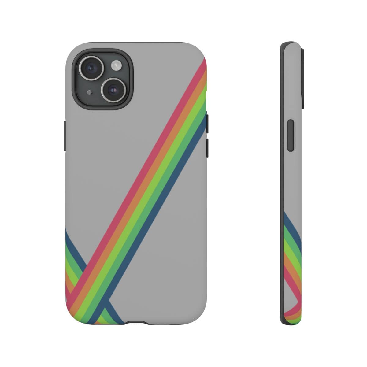 Phone case in grey silicone with diagonal rainbow stripes and precise camera cutout on top left corner