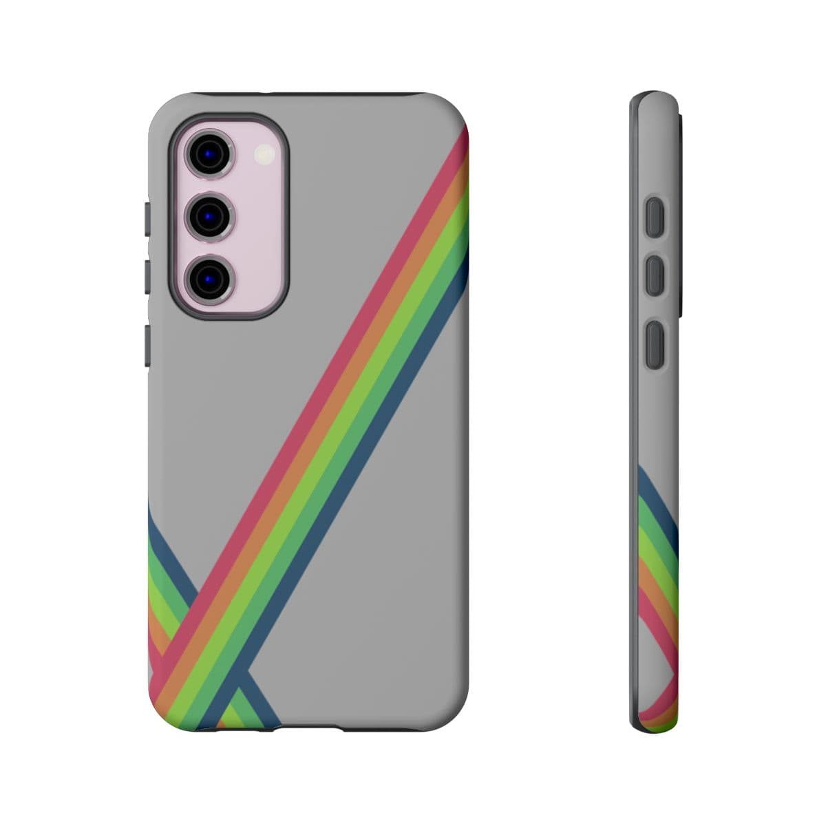 Grey matte hard phone case for Samsung Galaxy S23 Plus with vibrant colorful geometric design covering the back surface