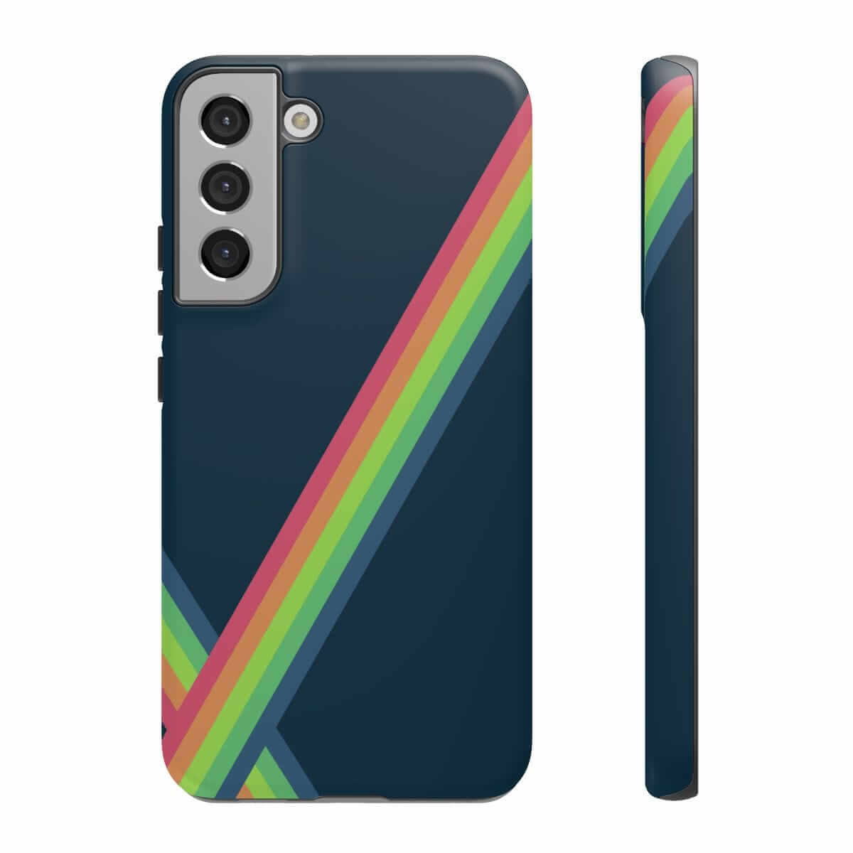 Dark blue phone case with a soft matte finish, accented by a vertical rainbow stripe and multiple rear camera cutouts