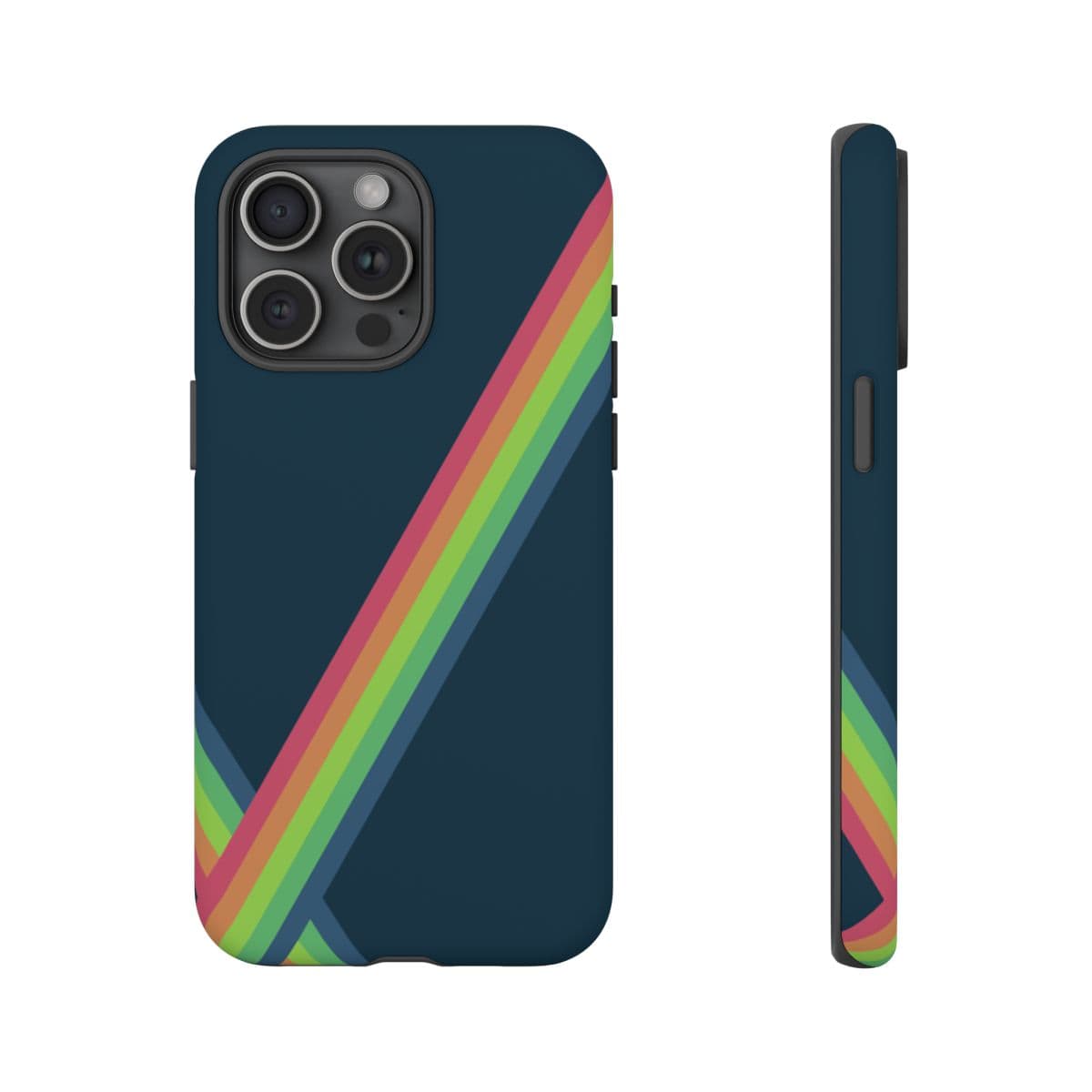 Dark blue phone case with smooth matte finish and diagonal rainbow stripes on the back in minimal modern style