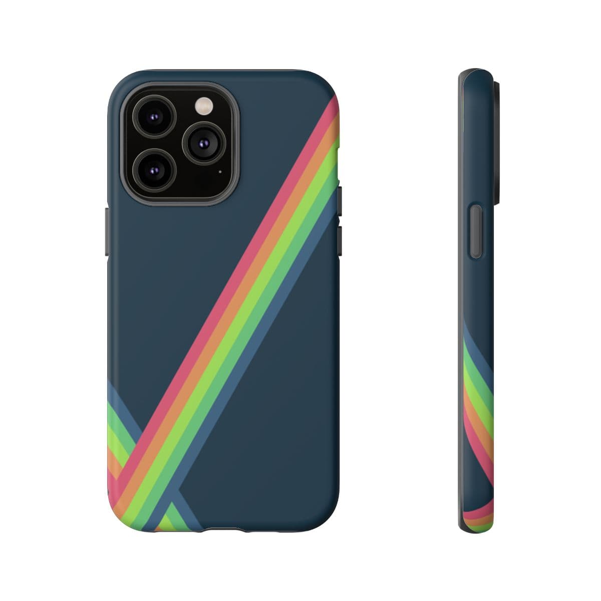 Navy blue hard plastic iPhone 14 Pro Max case with matte finish and colorful abstract vibrant happiness design