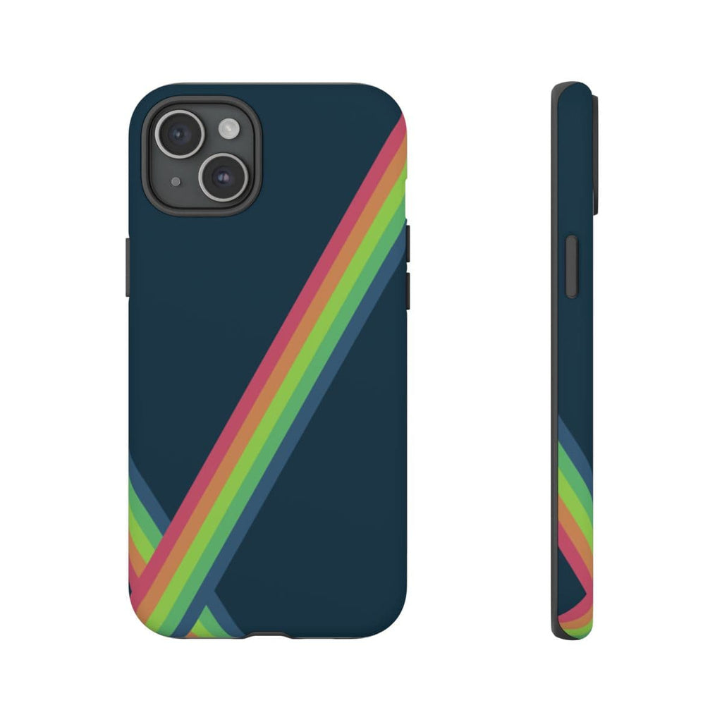 Navy blue matte hard phone case with colorful abstract shapes designed for iPhone 15 Plus featuring a slim protective profile