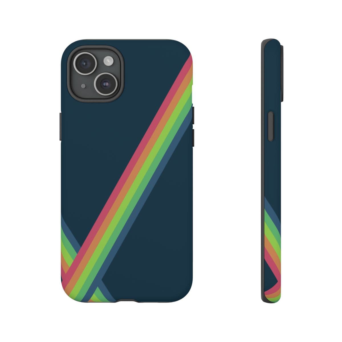 Navy blue matte hard phone case with colorful abstract shapes designed for iPhone 15 Plus featuring a slim protective profile