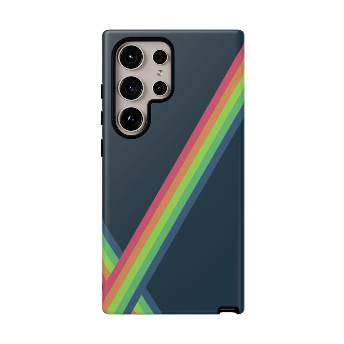 Phone case with dark navy background featuring diagonal rainbow-colored stripes in a smooth matte finish