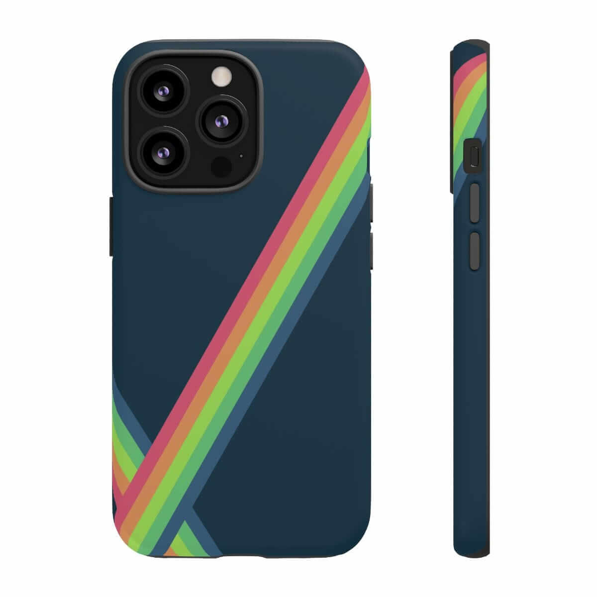 Navy blue hard plastic iPhone 13 Pro case with matte finish and vibrant abstract multicolor design covering the back