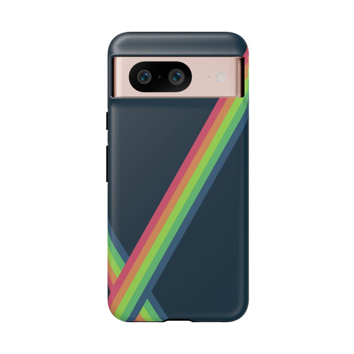 Navy blue matte phone case with a vibrant multicolor abstract design made of smooth durable material for Google Pixel 8
