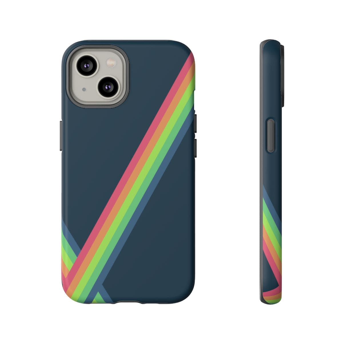 Navy matte hard phone case with colorful abstract paint splatter design for iPhone 14 featuring precise button cutouts