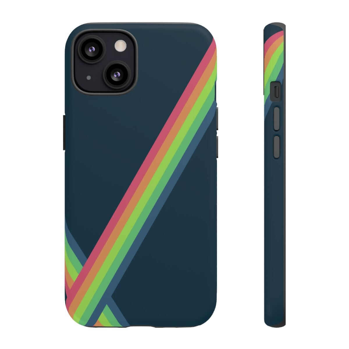 Navy blue matte hard phone case with vibrant abstract splatter design for iPhone 13 featuring raised edges for screen protection