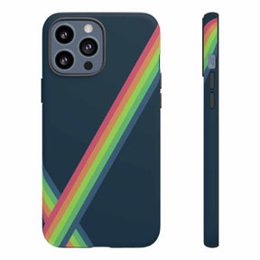 Navy blue matte phone case designed for iPhone 13 Pro Max with vibrant colorful abstract patterns covering the back
