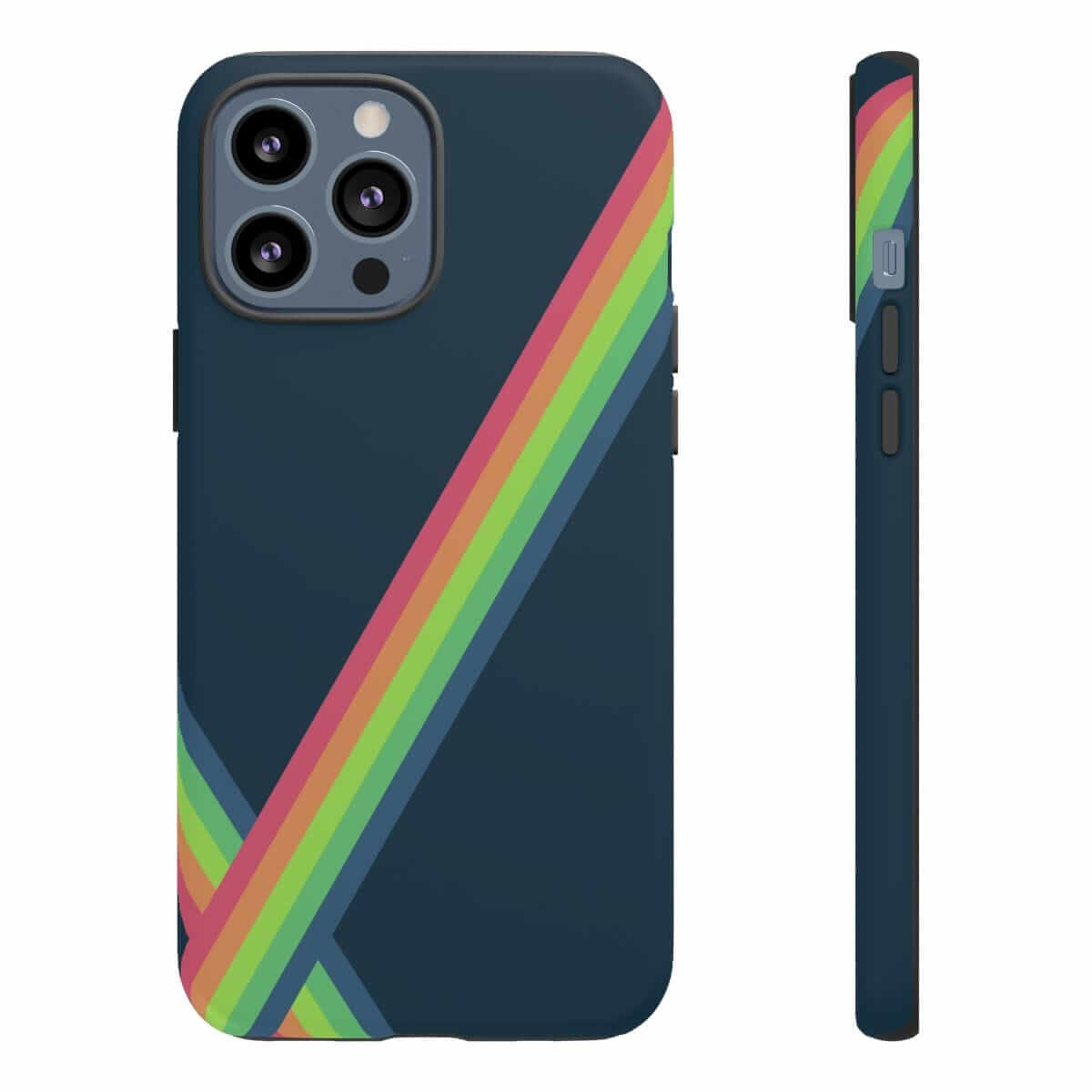 Navy blue matte phone case designed for iPhone 13 Pro Max with vibrant colorful abstract patterns covering the back