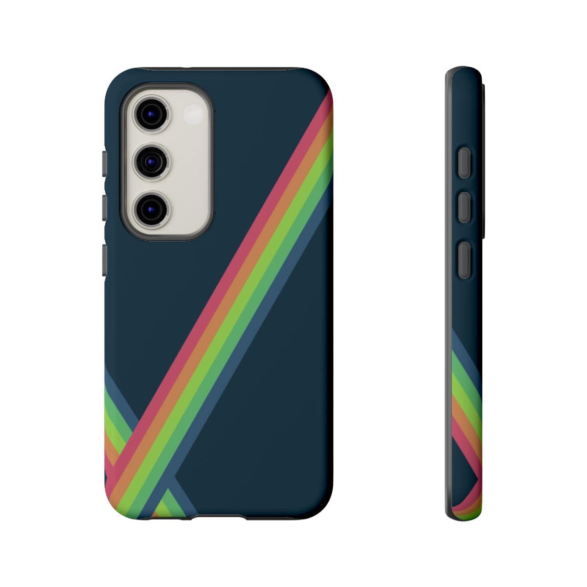 Navy matte phone case for Samsung Galaxy S23 made of durable material with vibrant happiness graphic design