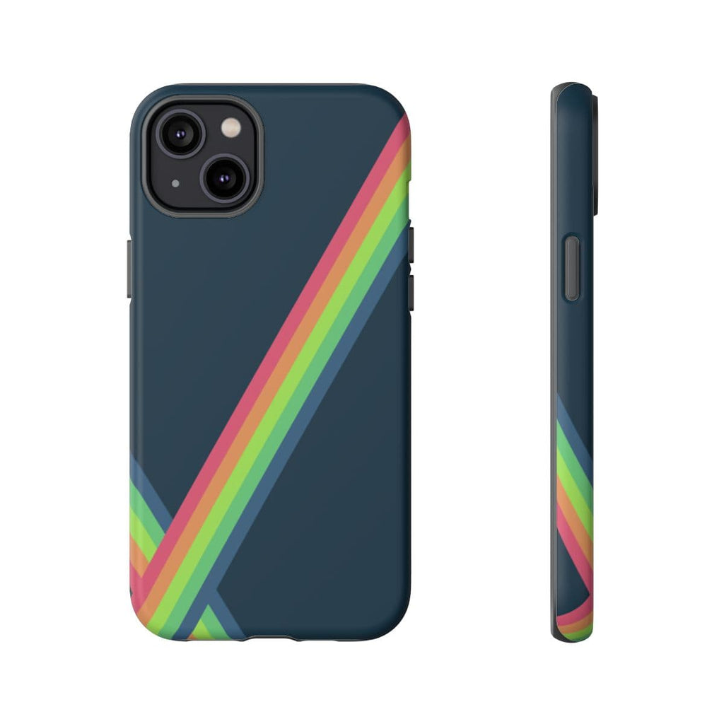 Navy blue matte hard plastic phone case with abstract multicolor paint splatter design for iPhone 14 Plus