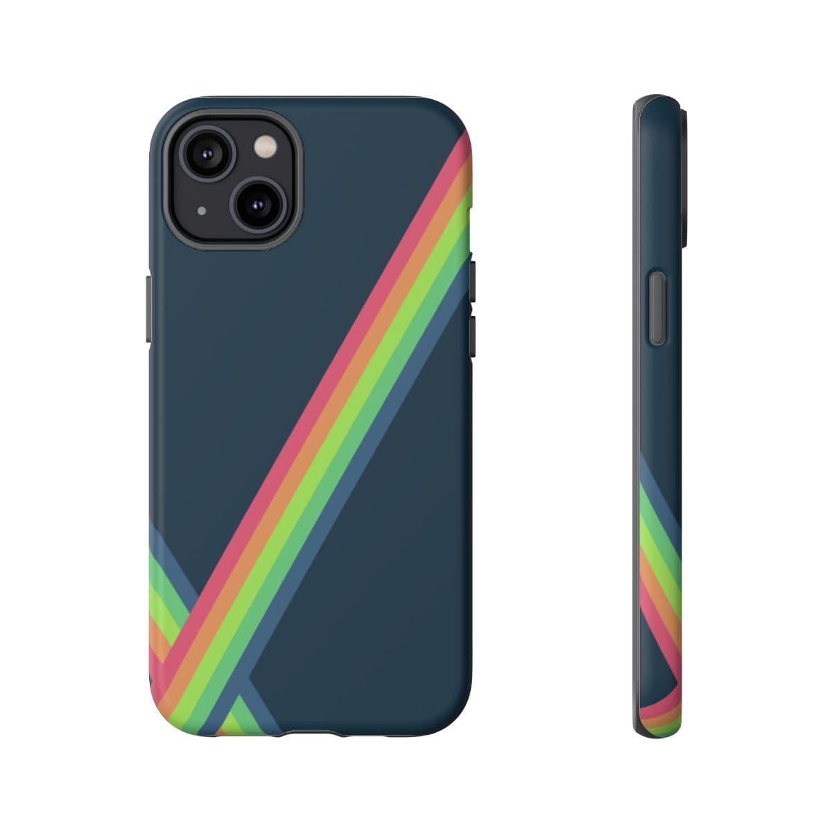 Navy blue matte hard plastic phone case with abstract multicolor paint splatter design for iPhone 14 Plus