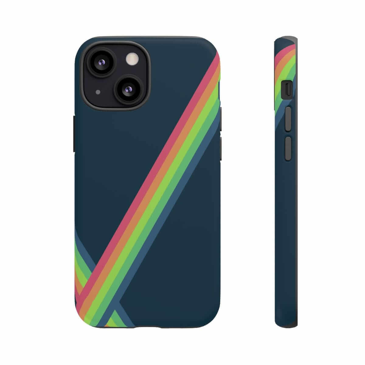 Navy blue matte hard plastic iPhone 13 Mini case with vibrant multicolor abstract pattern on the back