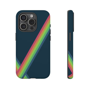 Navy blue hard plastic phone case for iPhone 15 Pro featuring a matte finish and vibrant colorful smiley face design