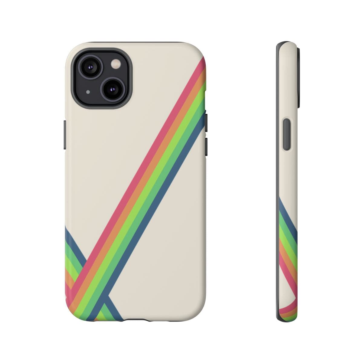 Cream phone case with diagonal rainbow stripes, soft matte finish, and dual camera cutout on upper left corner