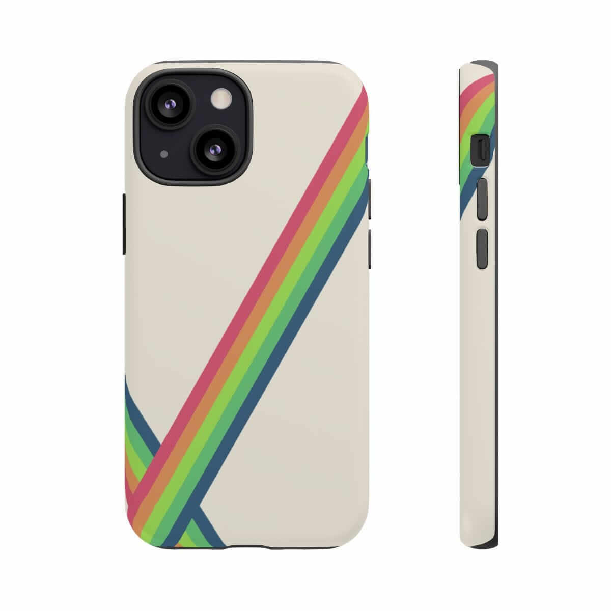 Pearl white iPhone 13 Mini case with matte finish featuring a vibrant multicolor geometric abstract art design