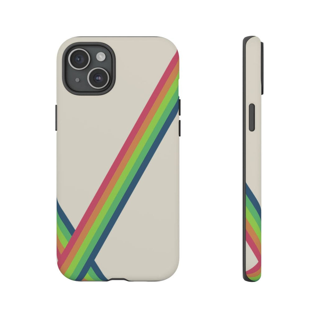 Clear hard plastic iPhone 15 Plus case with vibrant multicolor abstract pattern and glossy finish