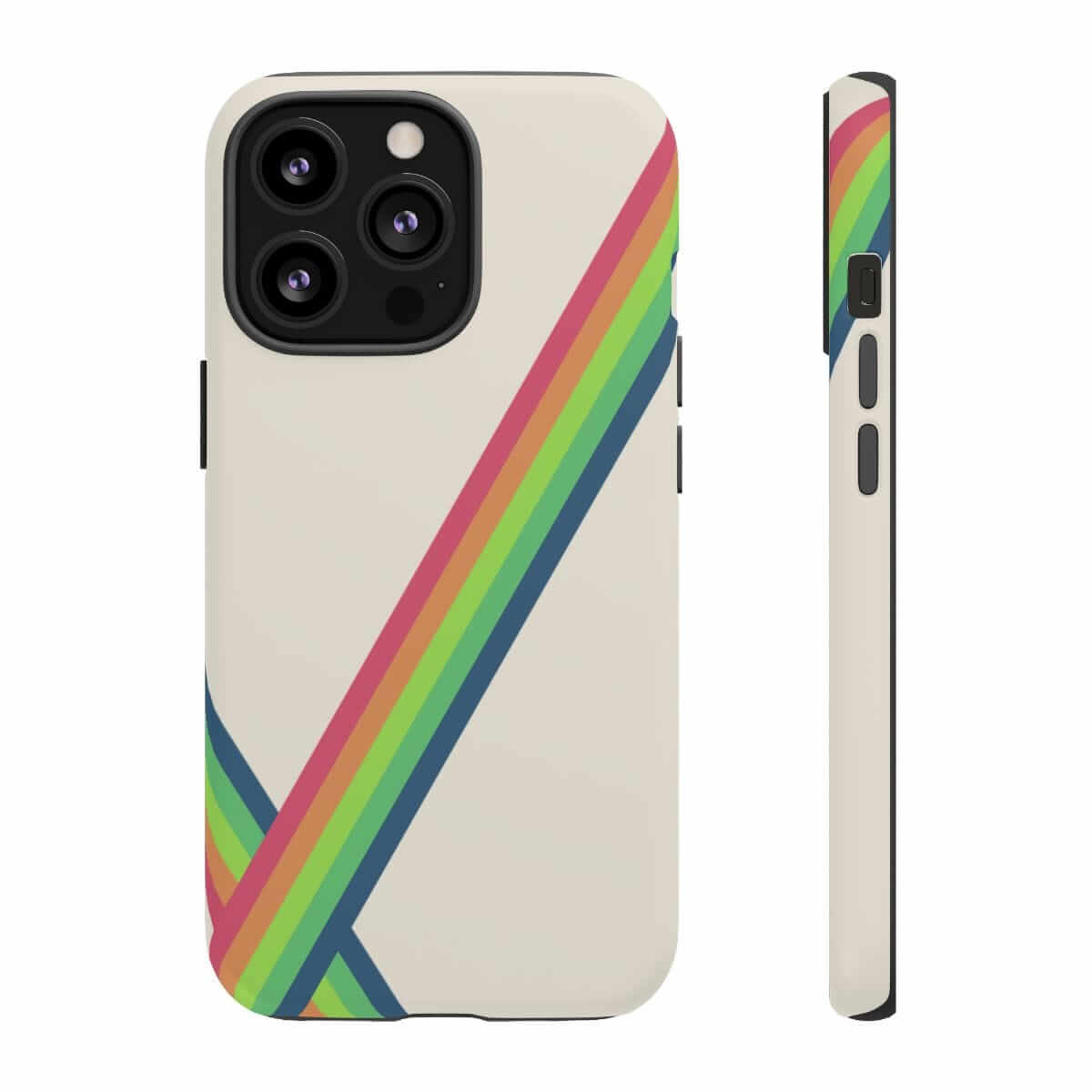 iPhone 13 Pro case in pearl color with matte finish featuring vibrant multicolor happiness design covering the back and sides