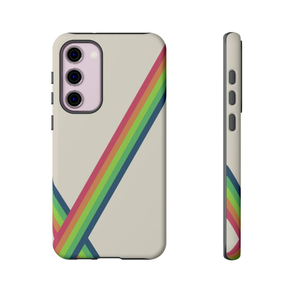 Samsung Galaxy S23 Plus phone case in pearl white matte finish with vibrant colorful abstract print covering the front surface