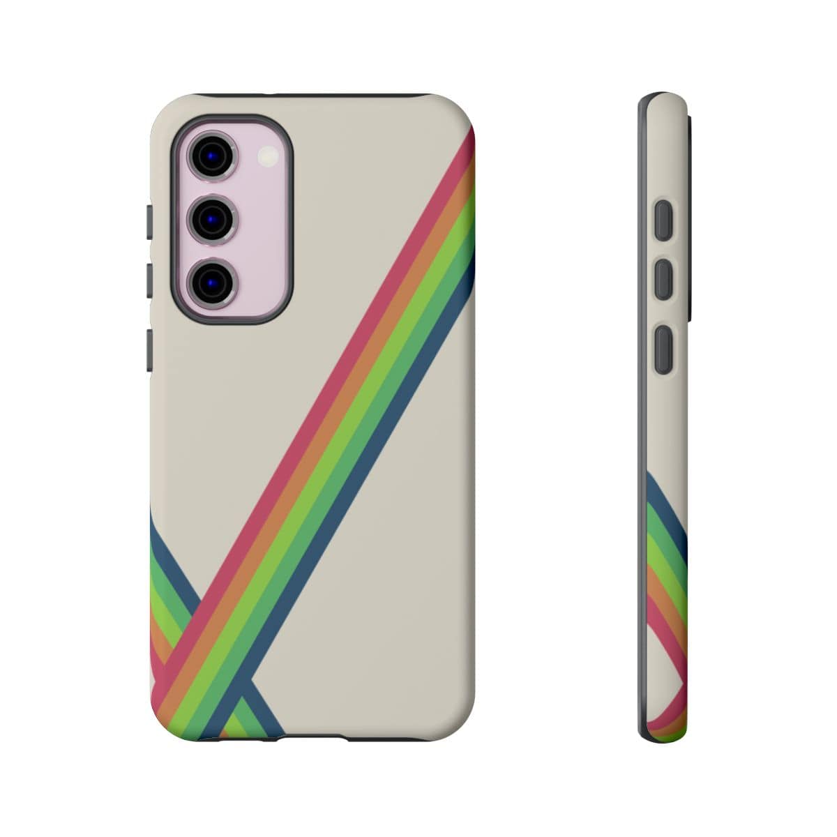 Samsung Galaxy S23 Plus phone case in pearl white matte finish with vibrant colorful abstract print covering the front surface