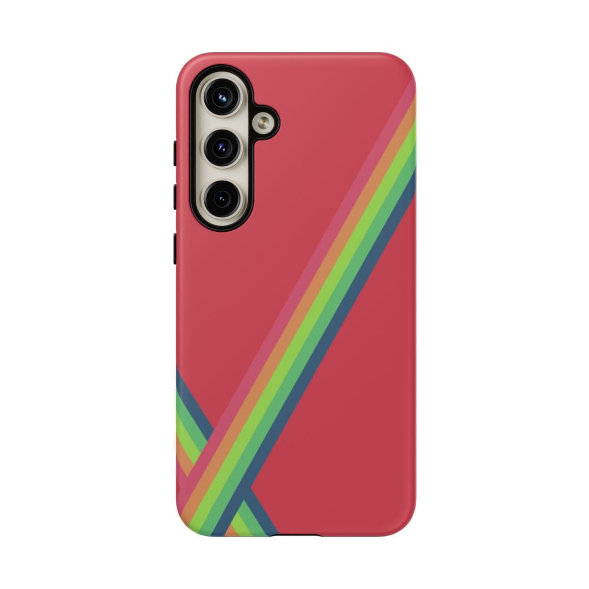 Red phone case with diagonal rainbow stripes, smooth textured finish, and cutout for triple rear camera lenses