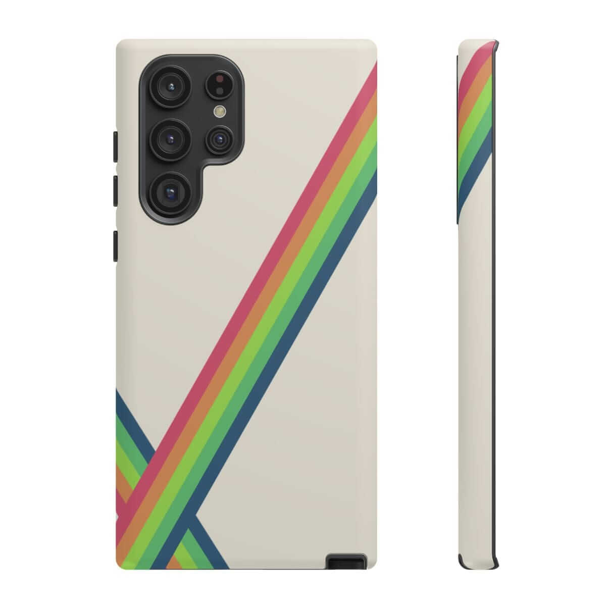 Phone case with red, orange, yellow, green, blue, and purple diagonal rainbow stripes on beige background