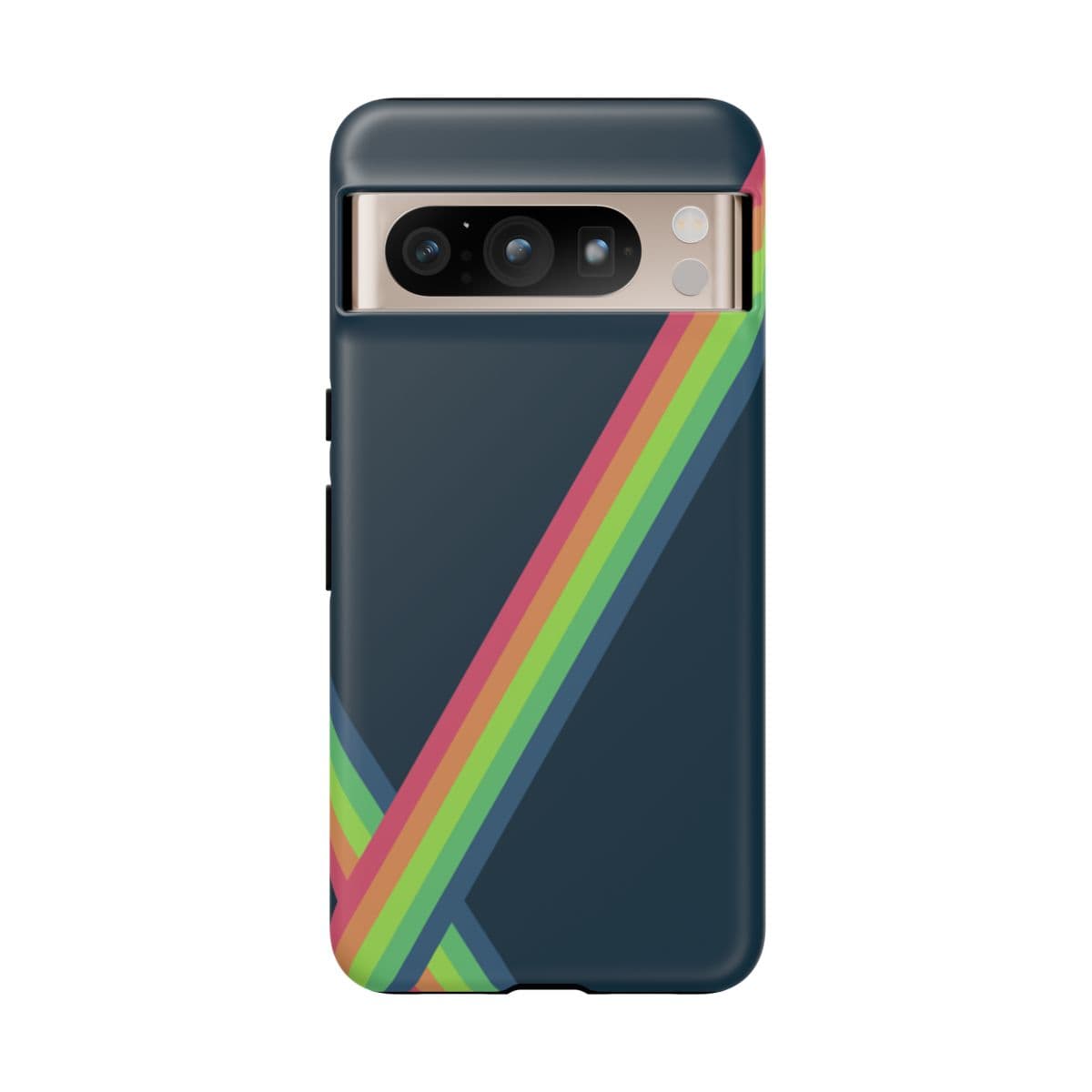 Dark phone case with matte finish featuring diagonal rainbow stripes and precise camera cutout at the top left corner
