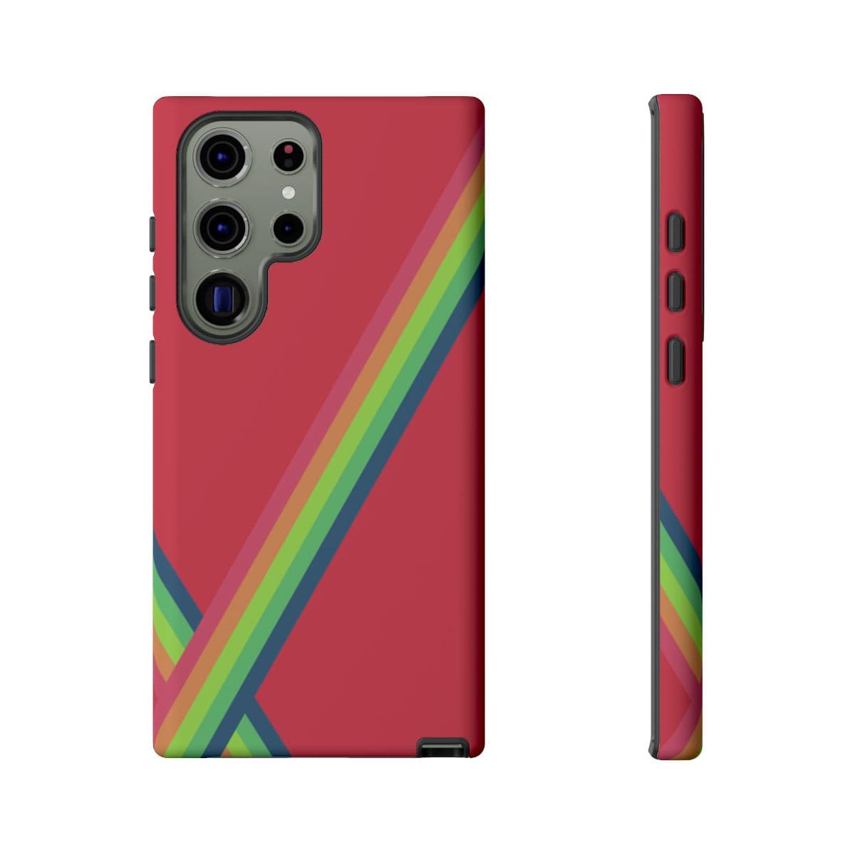 Red phone case with rubber material featuring diagonal rainbow stripes and triple camera cutouts for modern smartphones