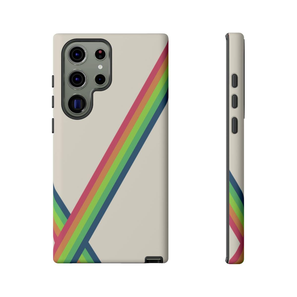 Phone case with diagonal red, orange, yellow, green, and blue stripes on beige background with camera cutout