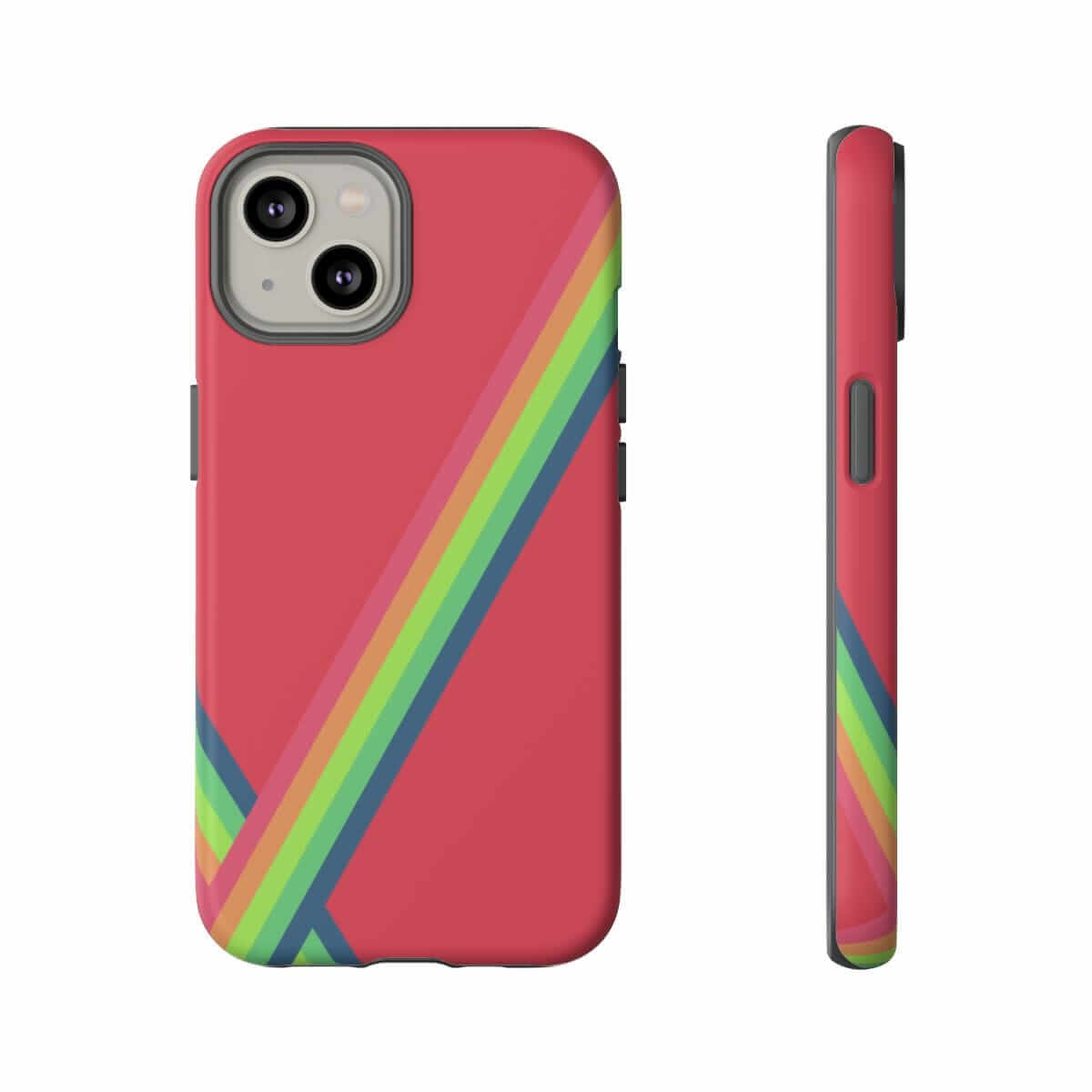 Red phone case with rainbow diagonal stripes, smooth finish, and dual camera cutout on the upper corner