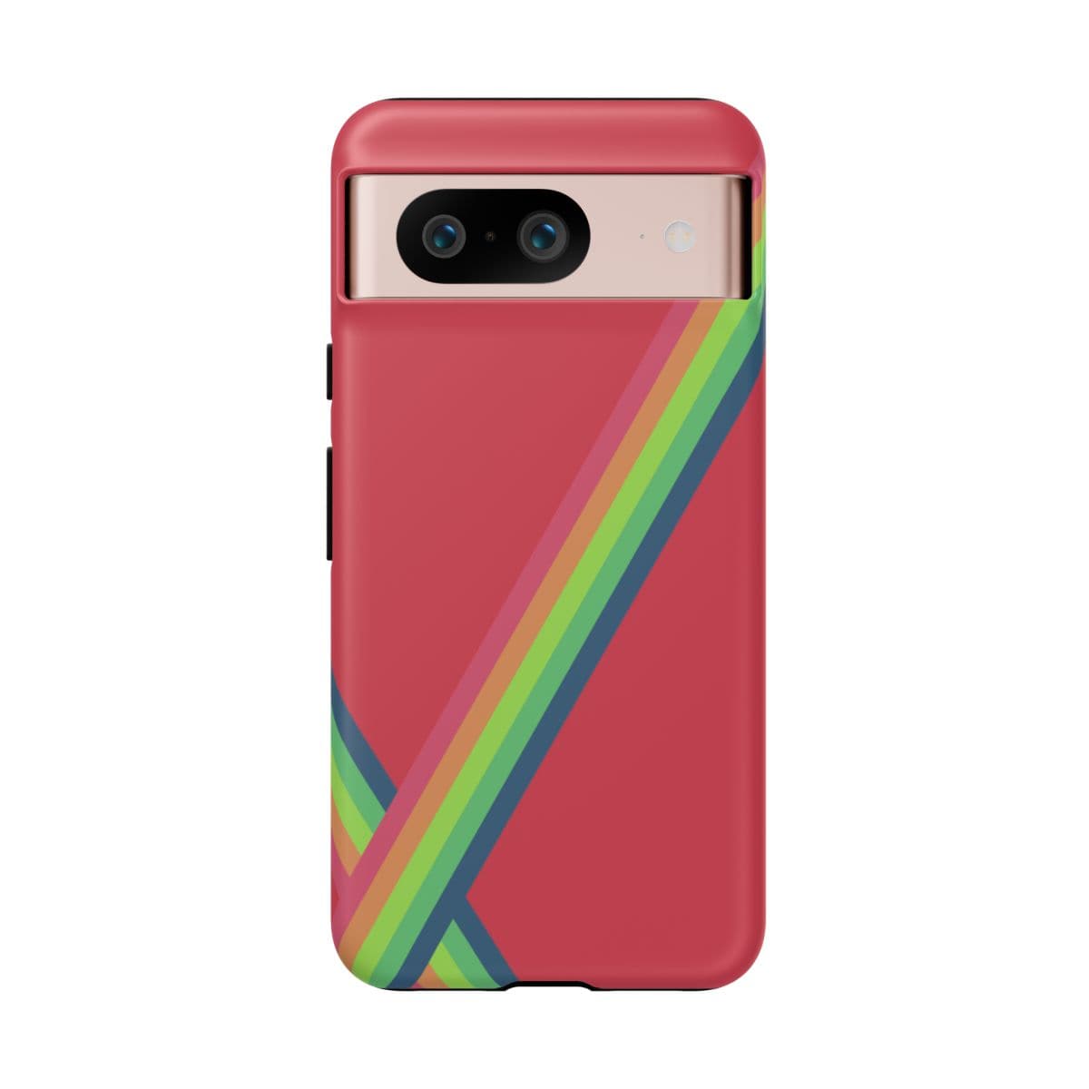 Red phone case with rainbow stripes, made of smooth plastic and featuring a dual camera cutout on the back