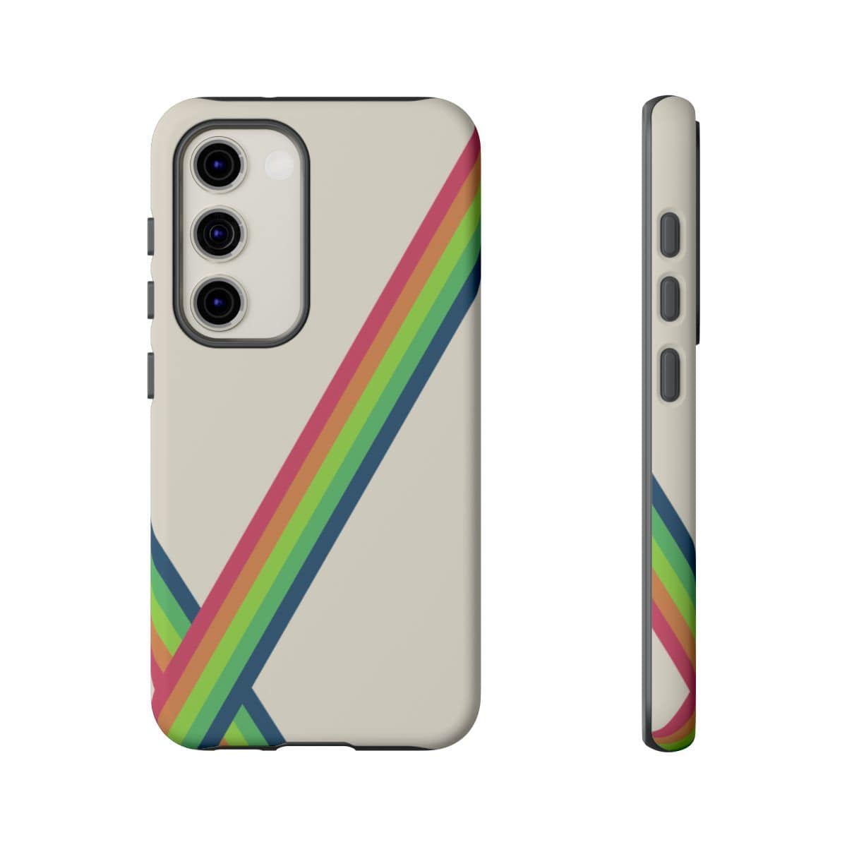 Beige phone case with diagonal rainbow stripes, three rear camera cutouts, and smooth matte plastic finish