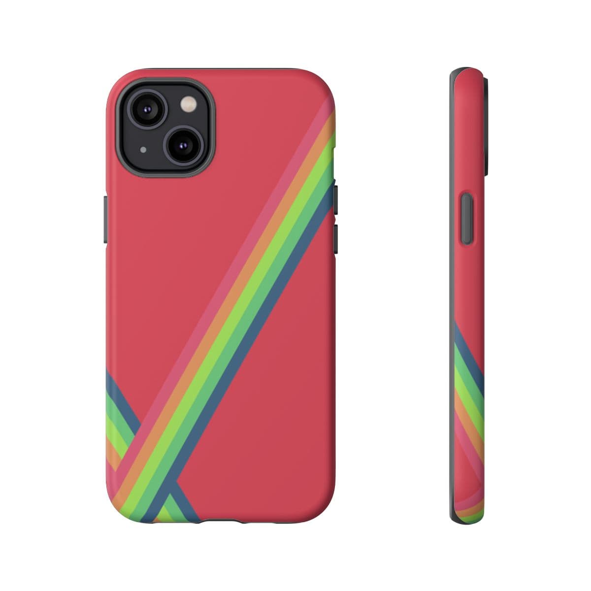 Red phone case with a smooth matte finish and diagonal rainbow stripes, designed for dual-camera phone models