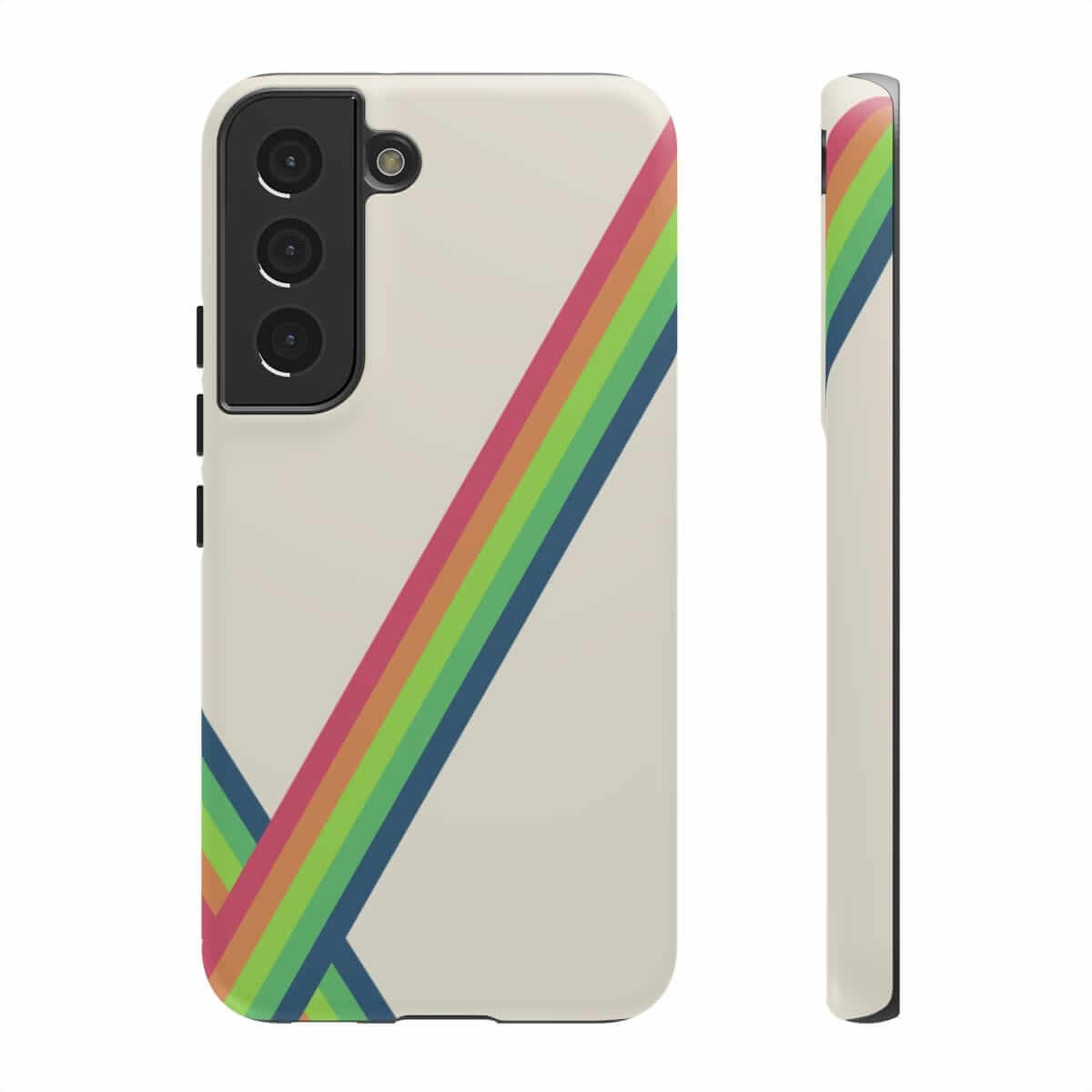 Phone case with rainbow stripes on a beige base featuring a soft matte finish and slim protective design