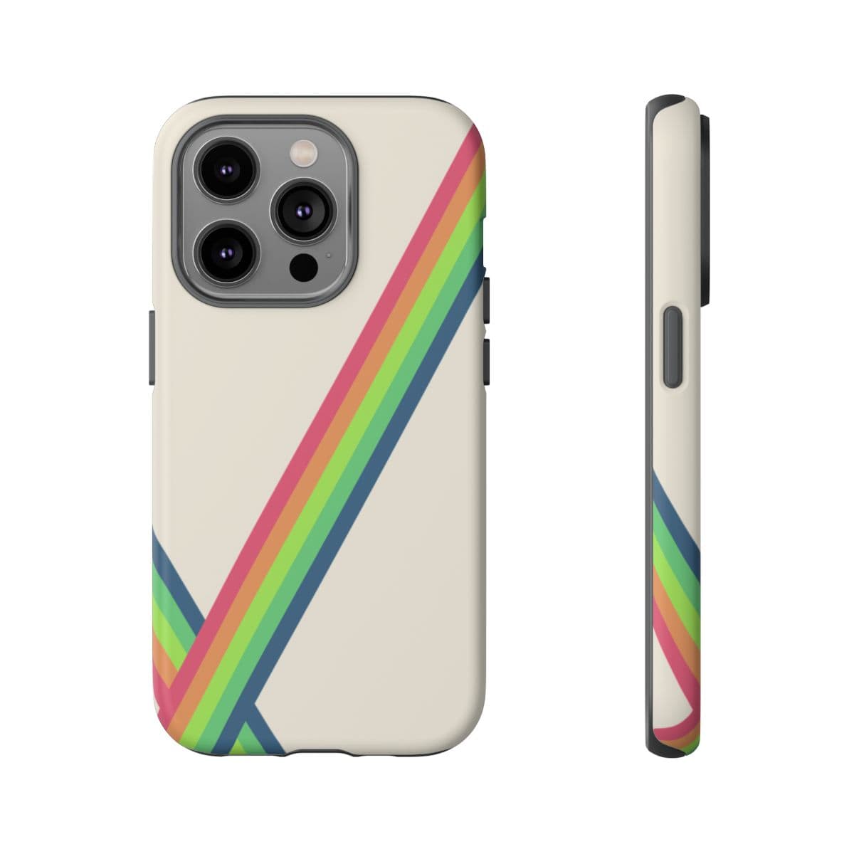Cream phone case with rainbow diagonal stripes, smooth plastic material and slim protective profile for iPhone