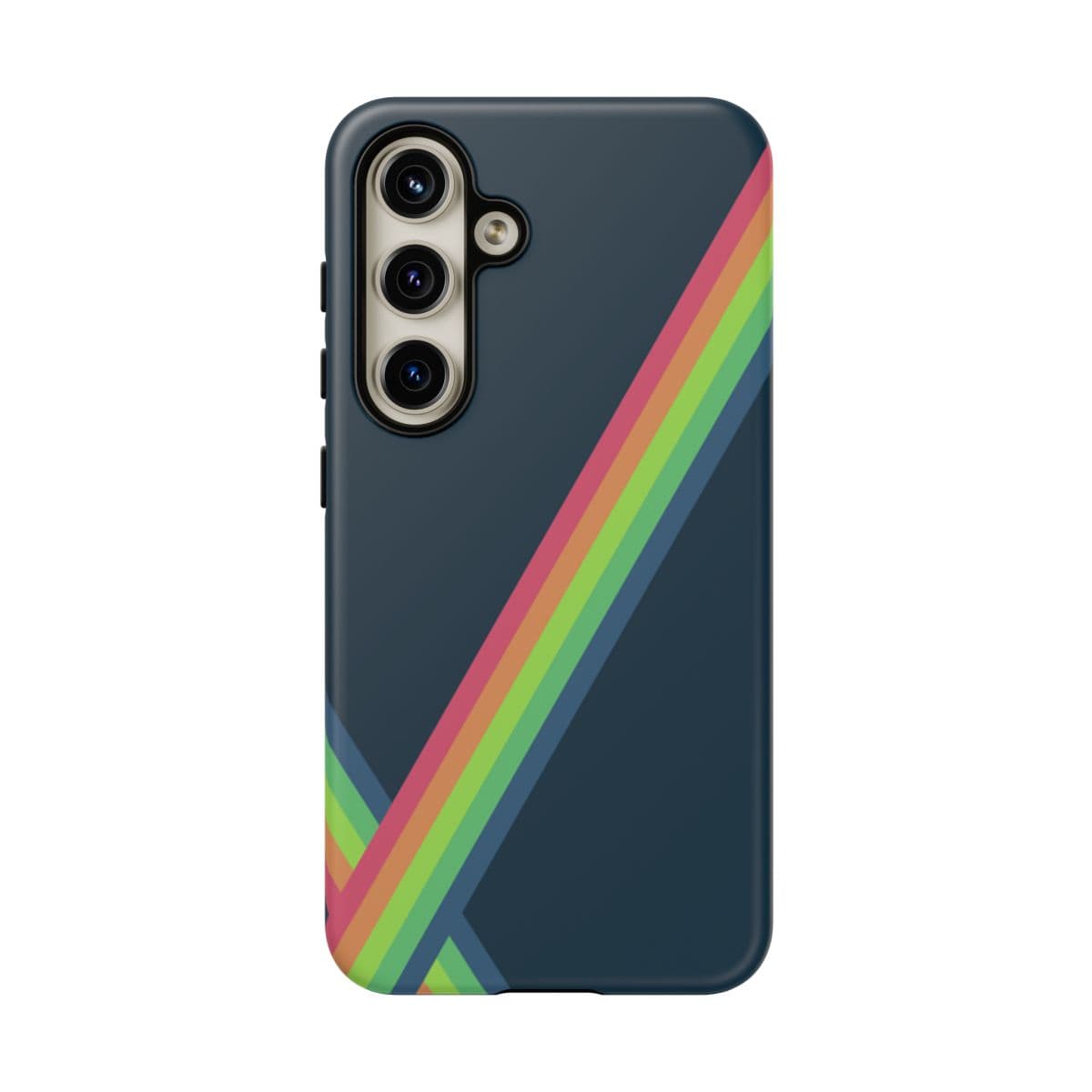 Phone case with matte red finish featuring diagonal rainbow stripes and slim, modern design on dark background