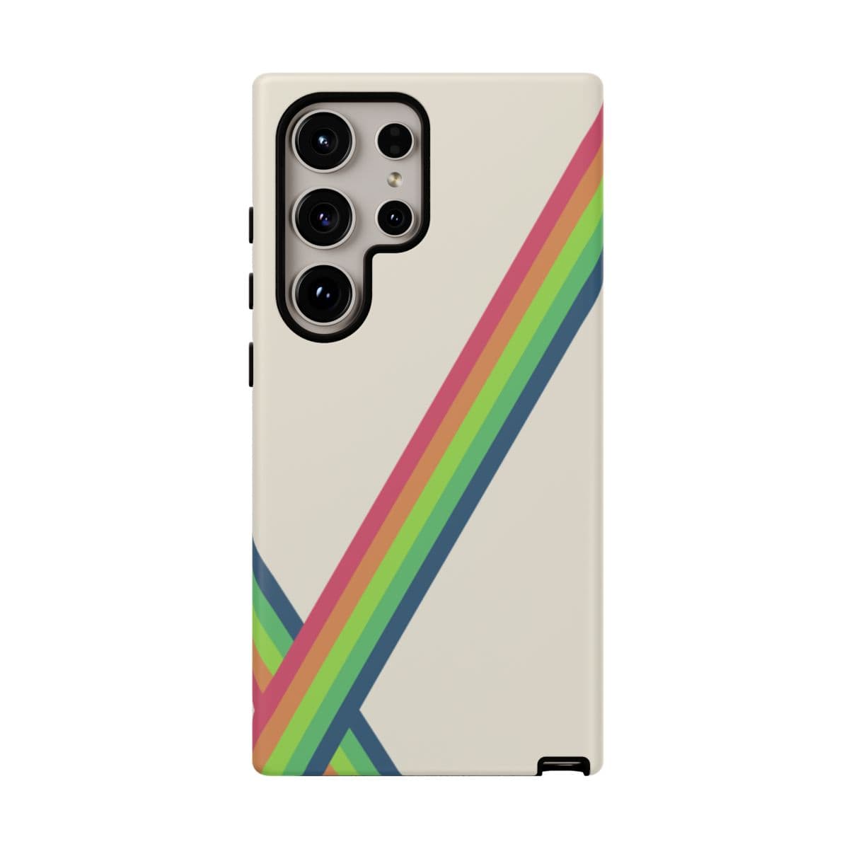 Phone case with cream base featuring diagonal rainbow stripes and multi-camera cutout for modern smartphones
