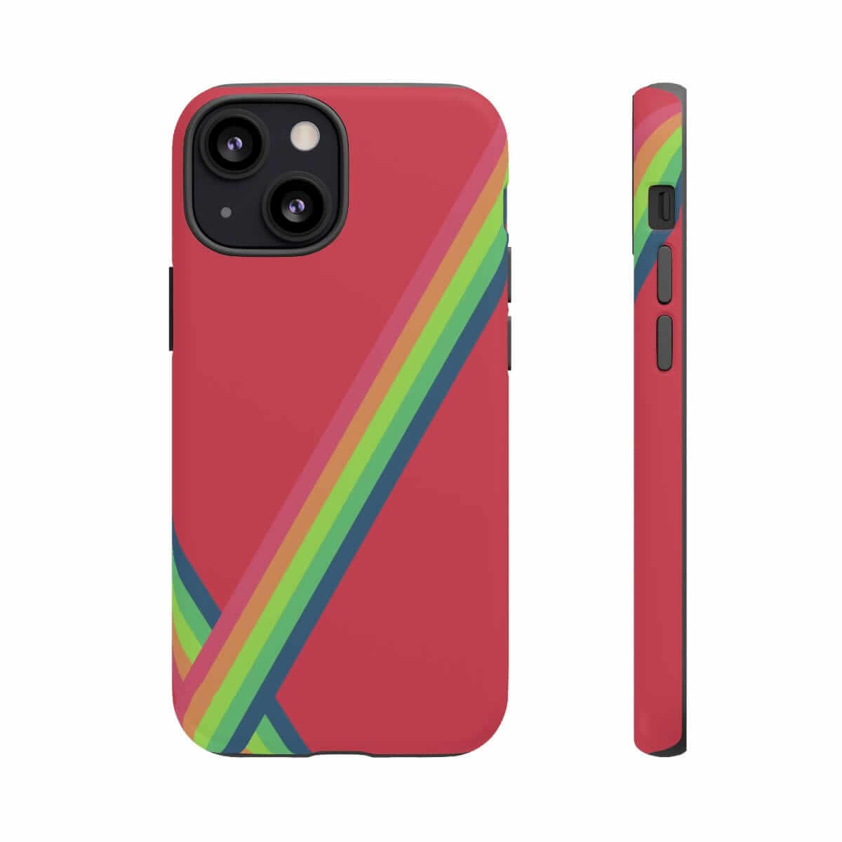 Red matte hard plastic iPhone 13 Mini case featuring a vibrant abstract happiness design with smooth finish