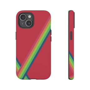 Red iPhone 15 case made of matte flexible material featuring a colorful abstract pattern with vibrant orange and pink hues
