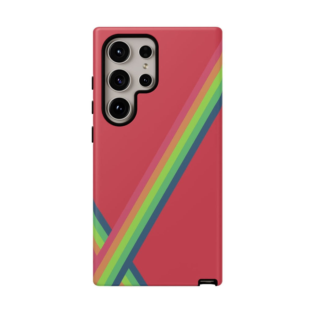 Red phone case with rainbow diagonal stripes, textured matte finish, and precise cutouts for camera and buttons