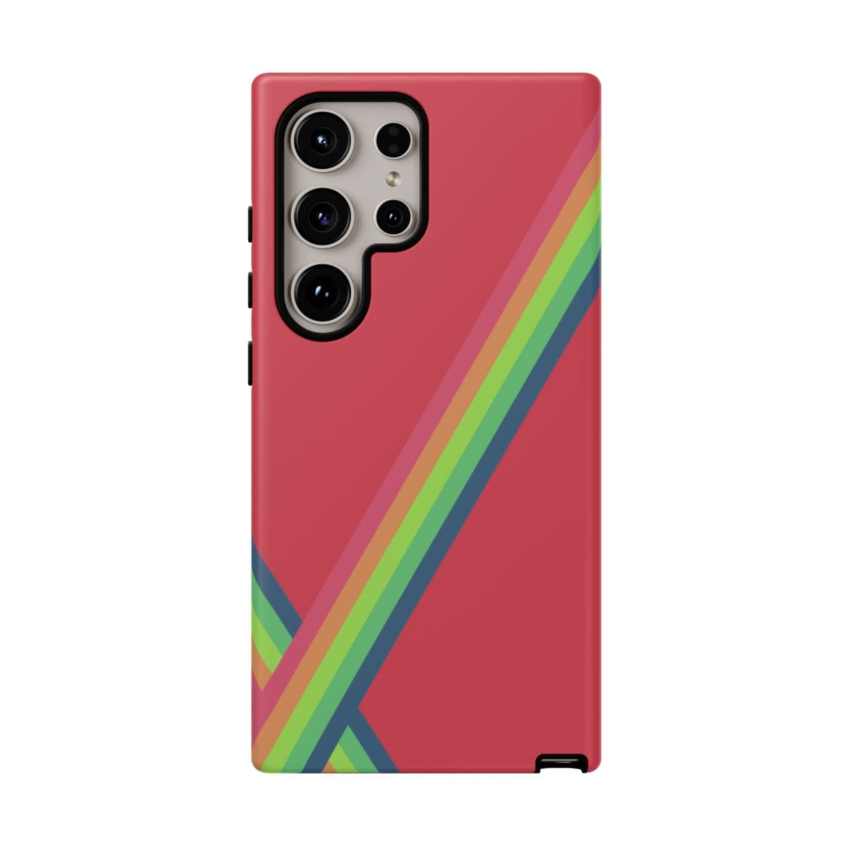Red phone case with rainbow diagonal stripes, textured matte finish, and precise cutouts for camera and buttons