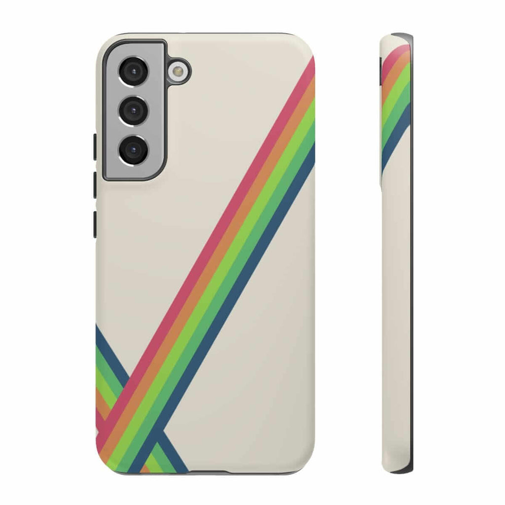 Phone case with beige base color featuring diagonal red, orange, yellow, green, and blue rainbow stripes on back