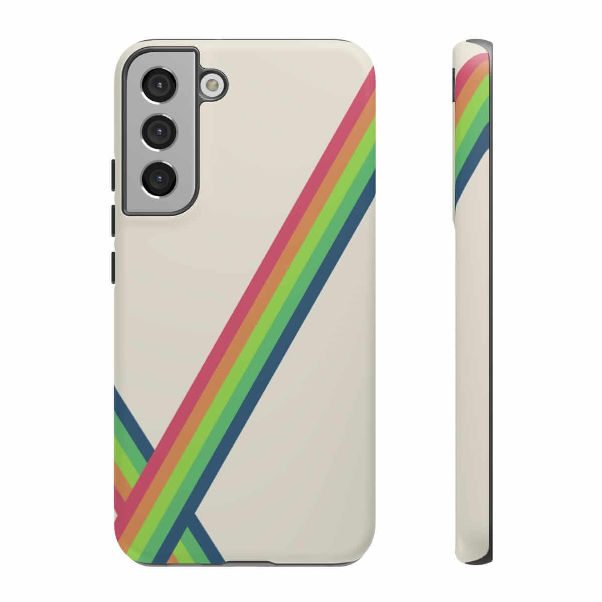 Phone case with beige base color featuring diagonal red, orange, yellow, green, and blue rainbow stripes on back