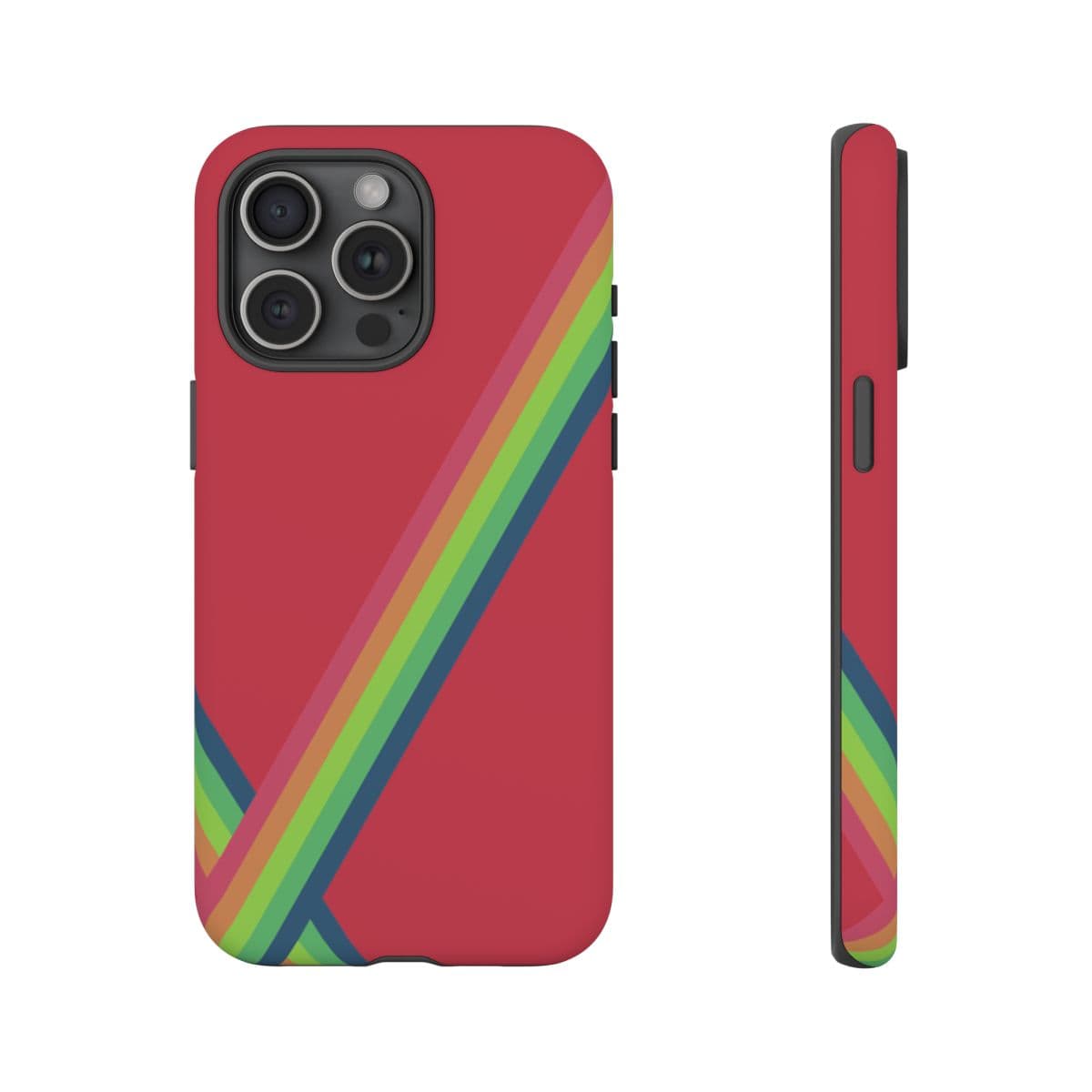 Red phone case with rainbow diagonal stripes made of flexible plastic and designed for full back and side coverage
