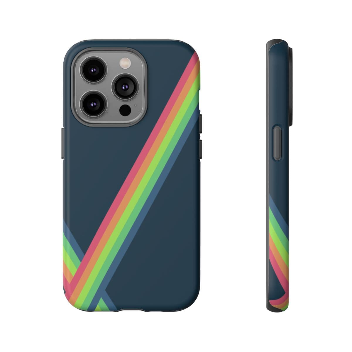 Phone case with dark background featuring colorful diagonal stripes in red, orange, blue, and green on a smooth surface
