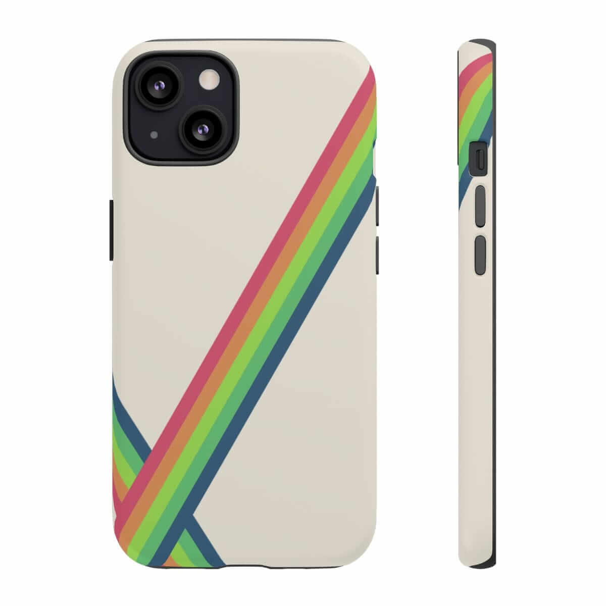 Beige phone case with smooth matte finish featuring diagonal rainbow stripes across the back for a colorful accent