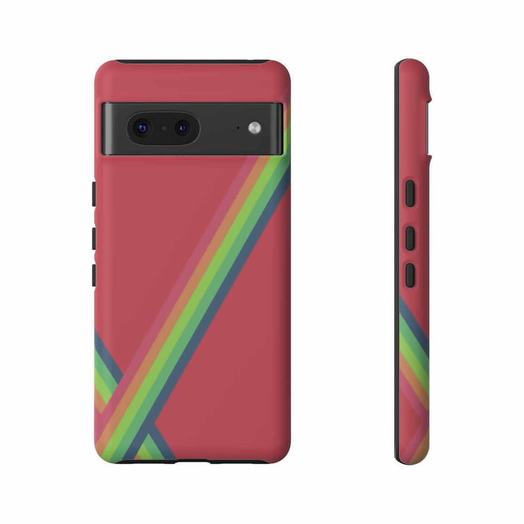 Red matte hard phone case with colorful abstract floral design and precise cutouts for camera and buttons on front side