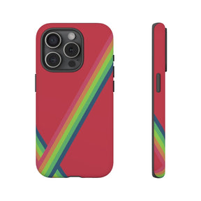 Red matte hard phone case for iPhone 15 Pro with vibrant abstract colorful pattern and precise cutouts